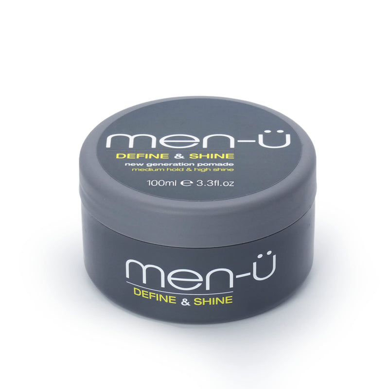 men-u pomade for men DEFINE & SHINE 100ml – Hair pomade w/ medium hold and high shine. Helps tone down grey hair & washes out easily - Mens hair products by men-u, Single walled 100ml styling puck. - NewNest Australia