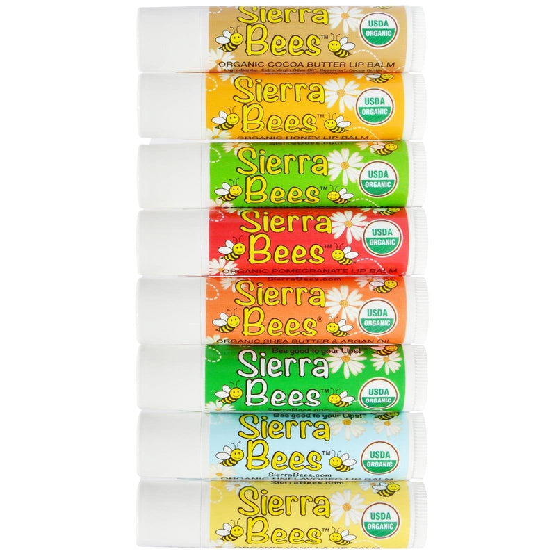 Organic Lip Balm - Variety 8 Pack by Sierra Bees - Cocoa Butter, Honey, Mint Burst, Pomegranate, Shea Butter & Argan Oil, Tamanu & Tea Tree, Unflavoured and Vanilla - NewNest Australia