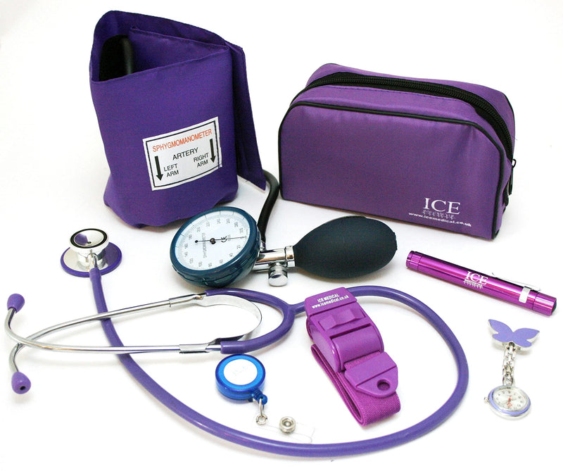 Purple Aneroid Blood Pressure Sphygmomanometer Monitor, Stethoscope, Pen Light (Pen Torch), Tourniquet, Butterfly Nurse Watch, Retractable Lanyard ID Card Holder - Starter Set - NewNest Australia