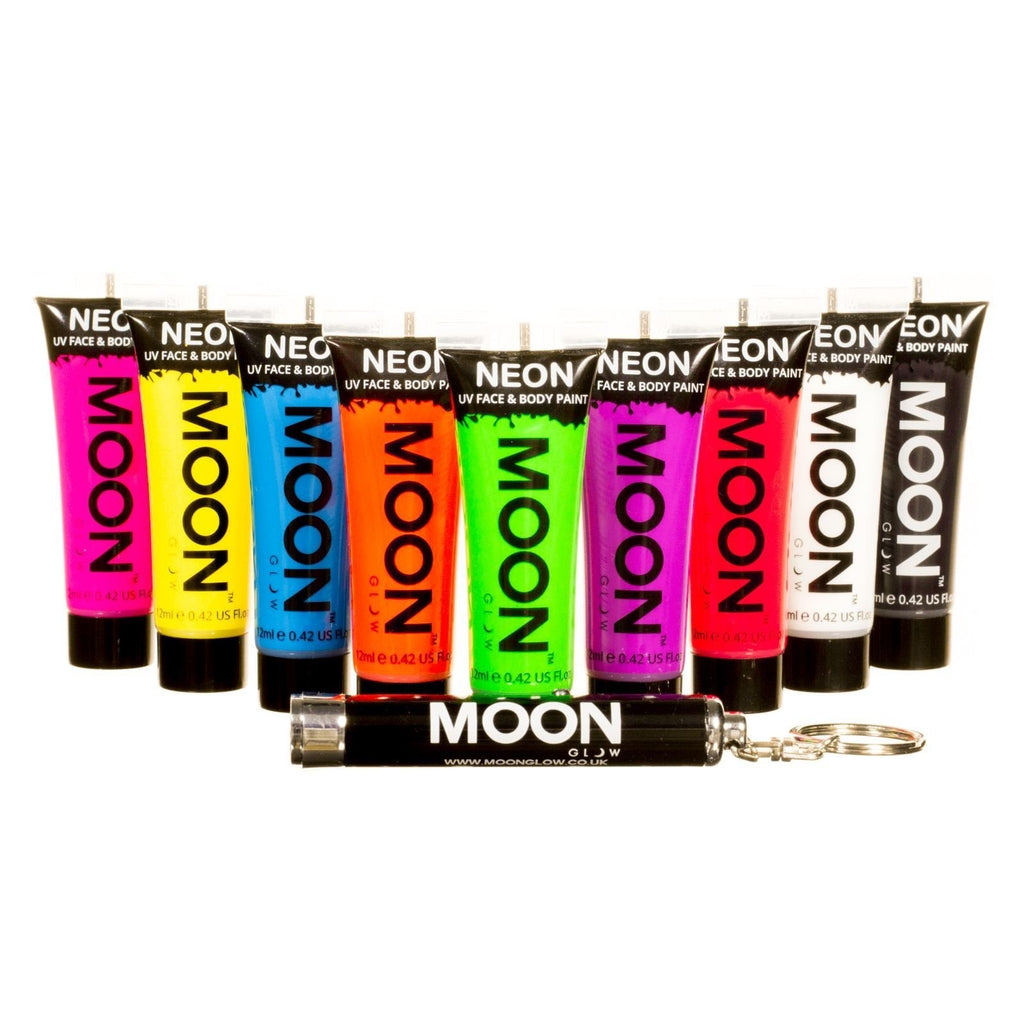 Moon Glow - Intense Neon UV Face & Body Paint - 12ml Set of 9 - includes UV Keyring - NewNest Australia