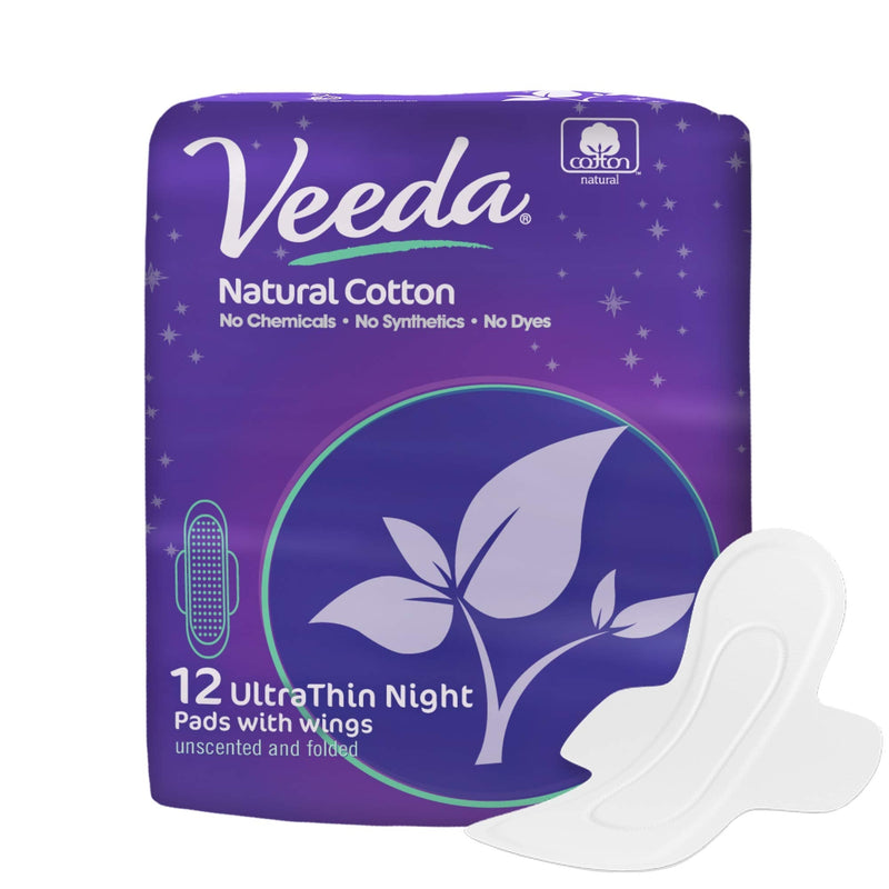 Veeda Ultra-Thin Absorbent Overnight Towels with 100% Natural Cotton Top Sheet are Always Chlorine and Fragrance Free, Hypoallergenic, Natural Cotton Sanitary Napkins, 12 Count - NewNest Australia