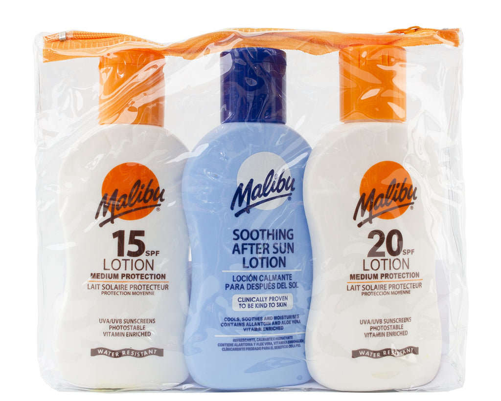 Malibu Hydrating Water Resistant Travel-Sized Sun-Screen Pack with Bag, SPF 15 and SPF 20 Protective Lotion 100ml and Soothing After-Sun 100ml (3 Pack) - NewNest Australia