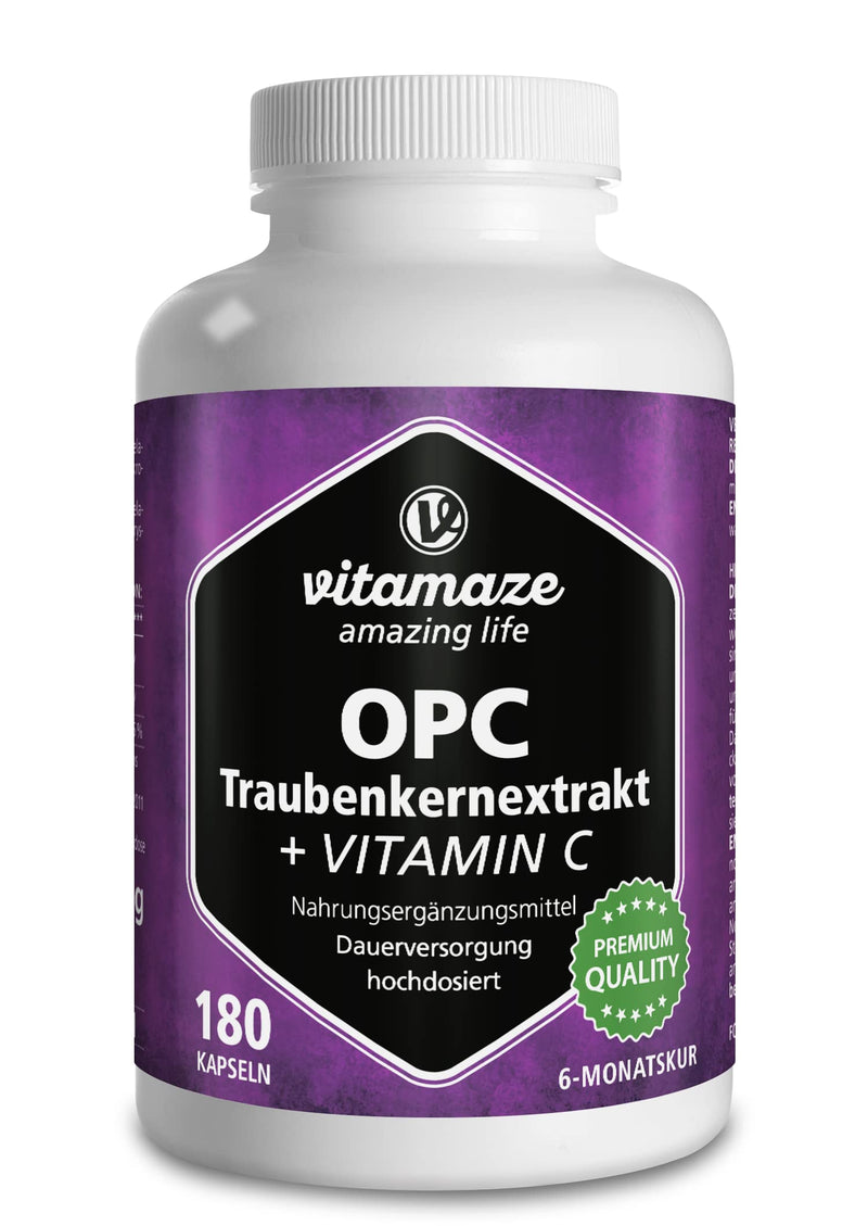 OPC Grape Seed Extract Capsules + Vitamin C, High Strength: 450 mg Certified OPC + 100 mg Vitamin C, 180 Capsules for 6 Months, Natural Supplement Without Additives, Made in Germany 1 Dose - NewNest Australia