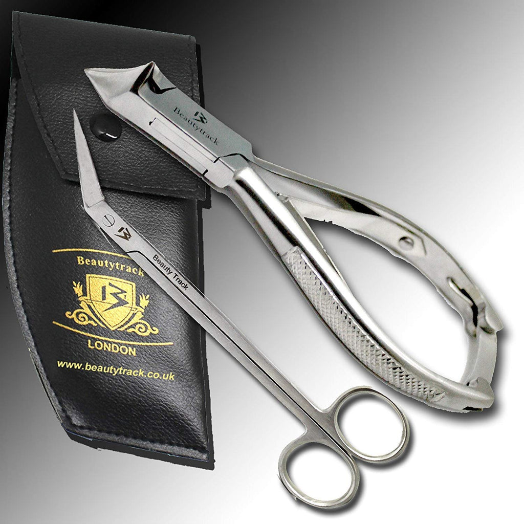 BeautyTrack Extra LONG Nail Scissors Clippers Cutters for Thick Toenails Plus Nail Cutters for Safety. Supplied in leather - Chiropody Instruments Nail and Toe Nail Clippers - NewNest Australia