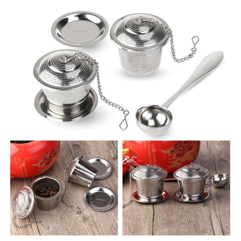 OUNONA Tea Strainer Tea Filter Ultra Fine Stainless Steel Strainer (Set of 2) with Tea Scoop and Drip Trays - NewNest Australia