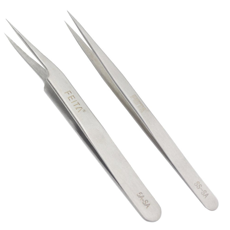 FEITA Precision Tweezers Stainless Steel Straight & Slanted Tip Best Tweezers Professional Set for Eyelash Extension, Craft, Jewelry, Eyebrow & Ingrown Hair Removal (SS&5A-SA 2Pcs) - NewNest Australia