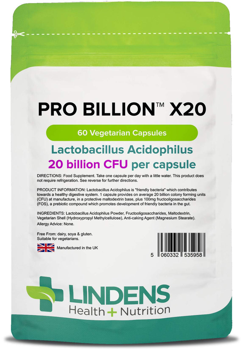 Lindens Pro Billion X20 20 Billion Cfu Ultra High Strength Capsules - 60 Pack - Ultra High Potency Lactobacillus Acidophilus Supporting Digestion - UK Manufacturer, Letterbox Friendly - NewNest Australia
