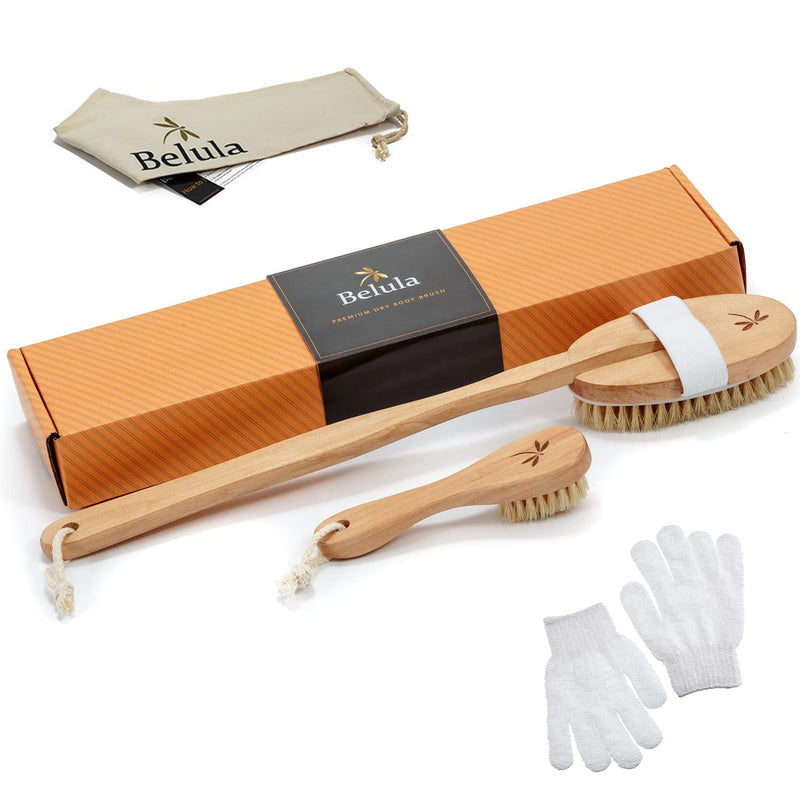 Belula Premium Dry Brushing Body Brush Set- Natural Boar Bristle Body Brush, Exfoliating Face Brush & One Pair Bath & Shower Gloves. Free Bag & How To – Great Gift For A Glowing Skin & Healthy Body - NewNest Australia