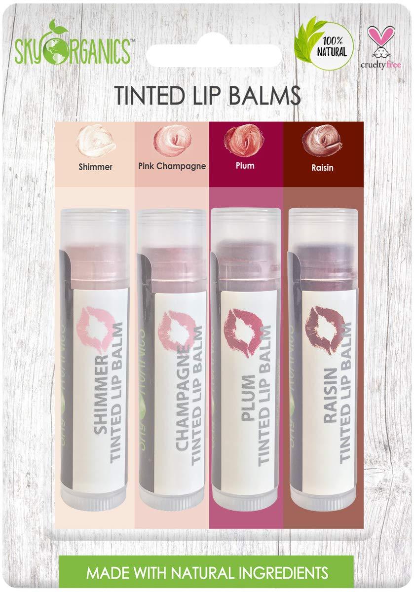 Sky Organics Organic Tinted Lip Balm 4 Pack Assorted Colors - with Beeswax, Coconut Oil, Cocoa Butter, Vitamin E- Minty Lip Plumper for Dry, Chapped Lips- Tinted Lip Moisturizer - NewNest Australia