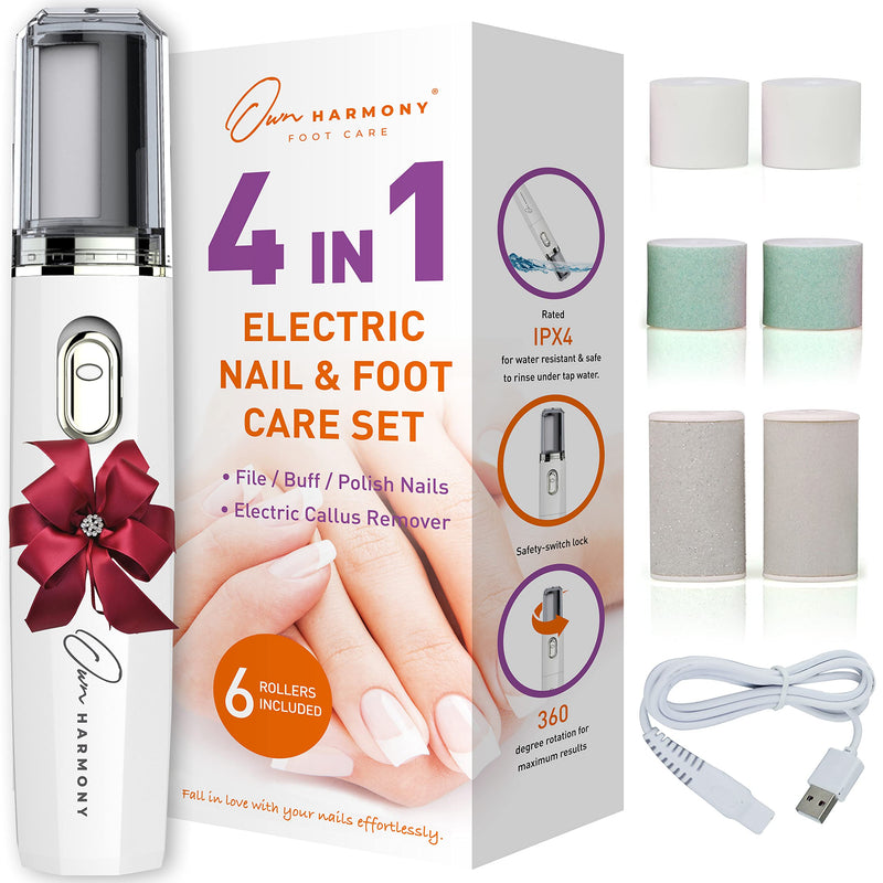 Own Harmony Electric Foot File Callus Remover & Electronic Nail File (4 in 1) Best Mani Pedi Tools - Professional Manicure & Pedicure Care Set - Perfect Toenail Polisher and Shine Buffer (USB Cord) White - NewNest Australia
