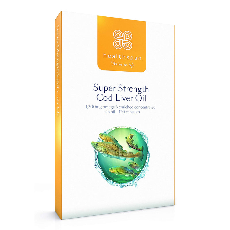 Healthspan Super Strength Cod Liver Oil 1,200mg (120 Capsules) | Supports Heart, Brain & Eye Health | Added Vitamin A, D3 and Calcium | Rich in Omega-3 Fatty Acids DHA & EPA | Sustainably Sourced - NewNest Australia