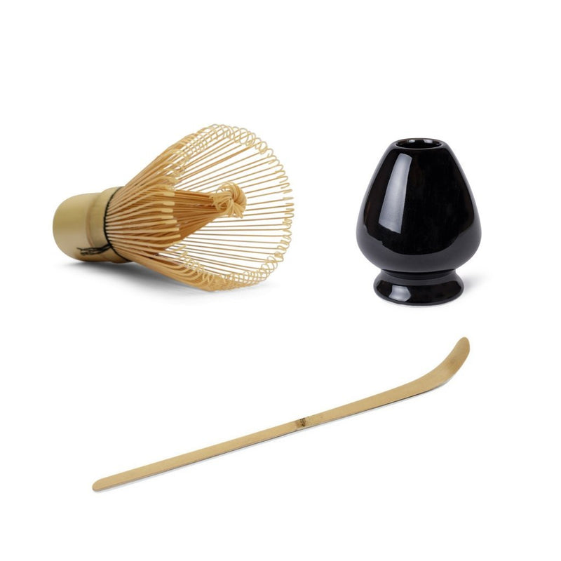 Matcha Whisk Bundle Set (3 Piece) - Consisting of Bamboo Matcha Whisk, Bamboo Matcha Spoon or Scoop and Ceramic Matcha Tea Whisk Holder (Black) Black - NewNest Australia