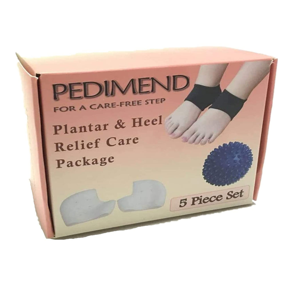 PEDIMEND Silicone PLANTAR FASCIITIS & HEEL RELIEF CARE Pack (5PCS Kit) - Plantar Fasciitis Sleeve / Gel Heel Supports - Spikey Massage Ball - Heel Pain Relief Pads, Relieve Foot Pain & Metatarsal Pain - NewNest Australia