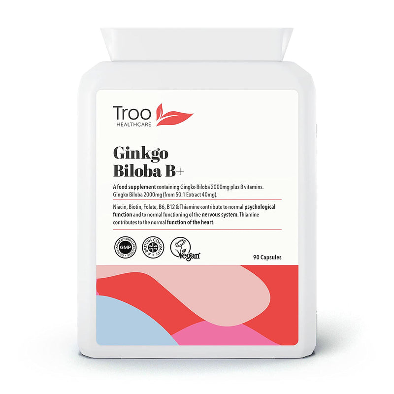 Troo Ginkgo Biloba B Plus Supplement 2000mg - 90 Capsules - High Strength Vegan Friendly capsules with added Vitamin B Complex for Heart , Circulation , Nervous System and Brain Support - UK Made - NewNest Australia
