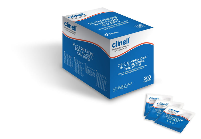 Clinell - Alcohol Skin Wipes - 2% Chlorhexidine, 70% Alcohol Wipes - Skin Wipes Designed for Using in Hospitals, Latex Free & Dermatologically Tested - 1 Box of 200 Wipes Single - NewNest Australia