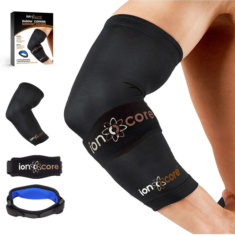 Ionocore® Elbow Support Protection System | Copper Compression Sleeve & Tennis Elbow Support Strap | Tennis Elbow, Golfers Elbow, Pain Relief | Joint & Forearm Protection | MEDIUM: 10.5"-12" - NewNest Australia