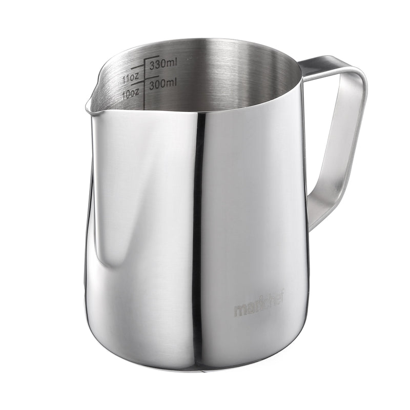 Mari Chef 350ml Stainless Steel Milk Jug. Steaming Pitcher for Latte, Coffee Art, Cappuccino. Perfect for Barista & Coffee Machine. Heat Proof & Dishwasher Friendly. Kitchen Measuring Jugs - NewNest Australia