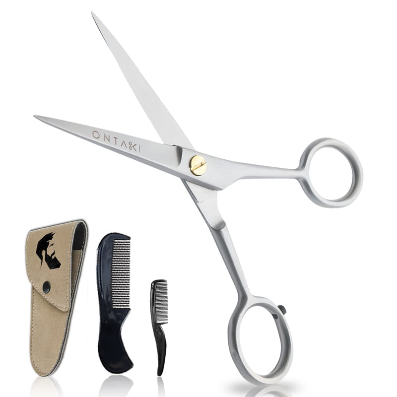 ONTAKI Professional German Beard & Mustache Scissors 5" Inches Comb & Carrying Pouch Hand Forged with Bevel Edge for Precision Perfect Men’s Facial Hair Grooming Kit All Body Facial Hair (Silver) Silver - NewNest Australia