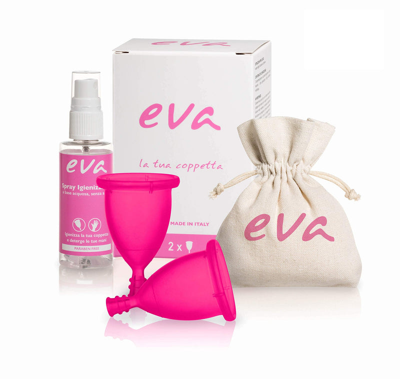 Menstrual Cup Kit Eva Cup Dulàc - 2 Soft Menstrual Cups Size S + L (Pink Medical Grade Silicone), Sterilizer Spray and Cotton Bag - Period Cup Eco-Friendly and Flexible - Eva Soft Cup, Made in Italy - NewNest Australia