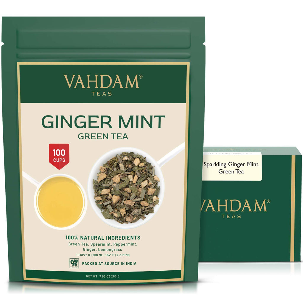 VAHDAM, Sparkling Ginger Mint Green Tea Loose Leaf (100 Cups) | Rich Anti-OXIDANTS | Blend of Ginger Tea & Mint Tea | Pure Green Tea Leaves | Brew as Hot Tea or Iced Tea | 100gm (Set of 2) - NewNest Australia