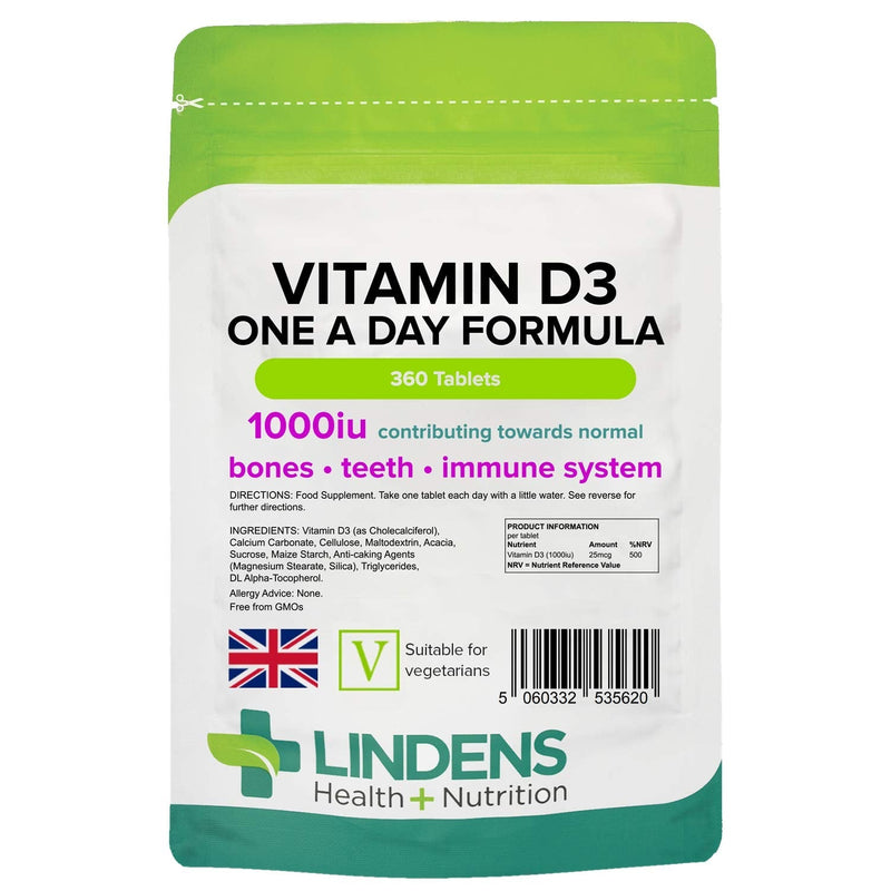 Lindens Vitamin D3 1000IU - 360 Tablets - Immune System, Bones, Teeth, UK Manufacturer Immune Support | (12 Months Supply) | Suitable for Vegetarians | Letterbox Friendly 360 Count (Pack of 1) - NewNest Australia