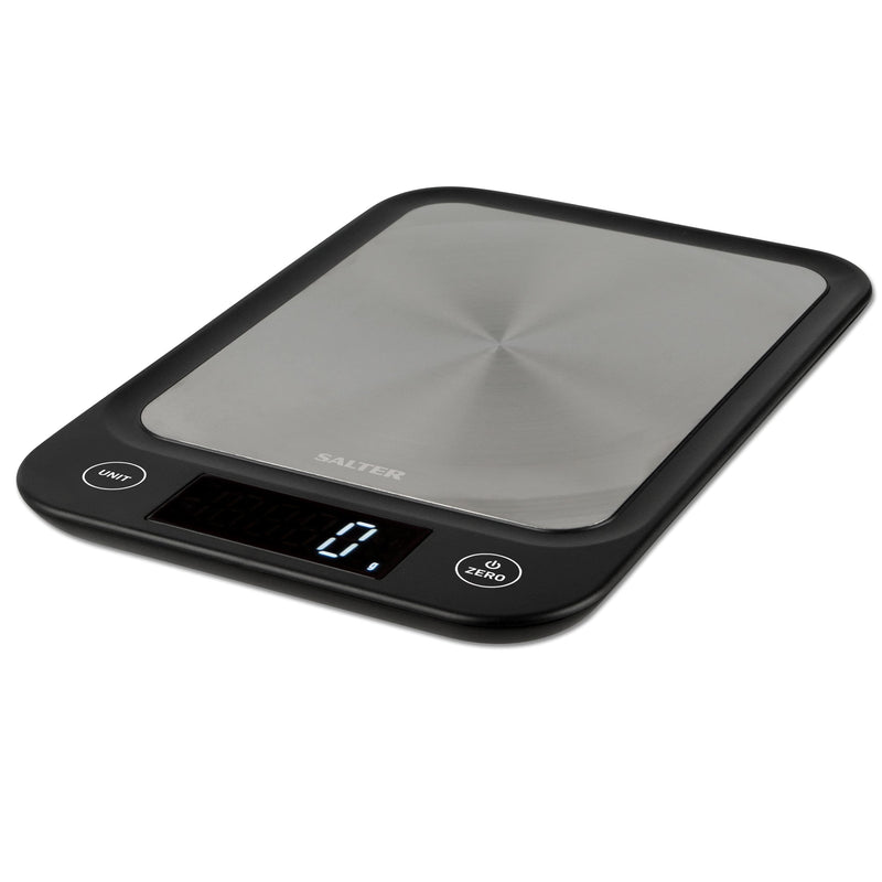 Salter 1068 SSBKDR Ultra Slim Electronic Kitchen Scale, Stainless Steel Platform, Grams & oz. for Baking & Cooking, Easy Clean, Add & Weigh, Measures Liquids, Backlit Display, Black stainless steel Black, Stainless Steel Scales Single - NewNest Australia