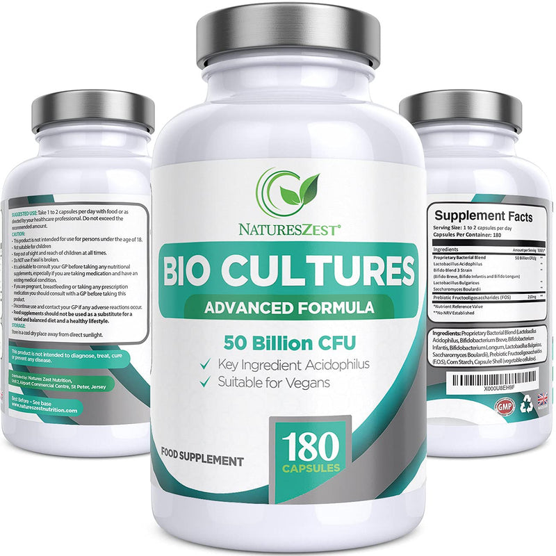 Bio Cultures Complex Probiotics 50 Billion CFU with Prebiotics – 180 Vegan Capsules - Acidophilus & Saccharomyces Boulardii Probiotic - 6 Month Supply – Probiotics for Women & Men - by Natures Zest - NewNest Australia
