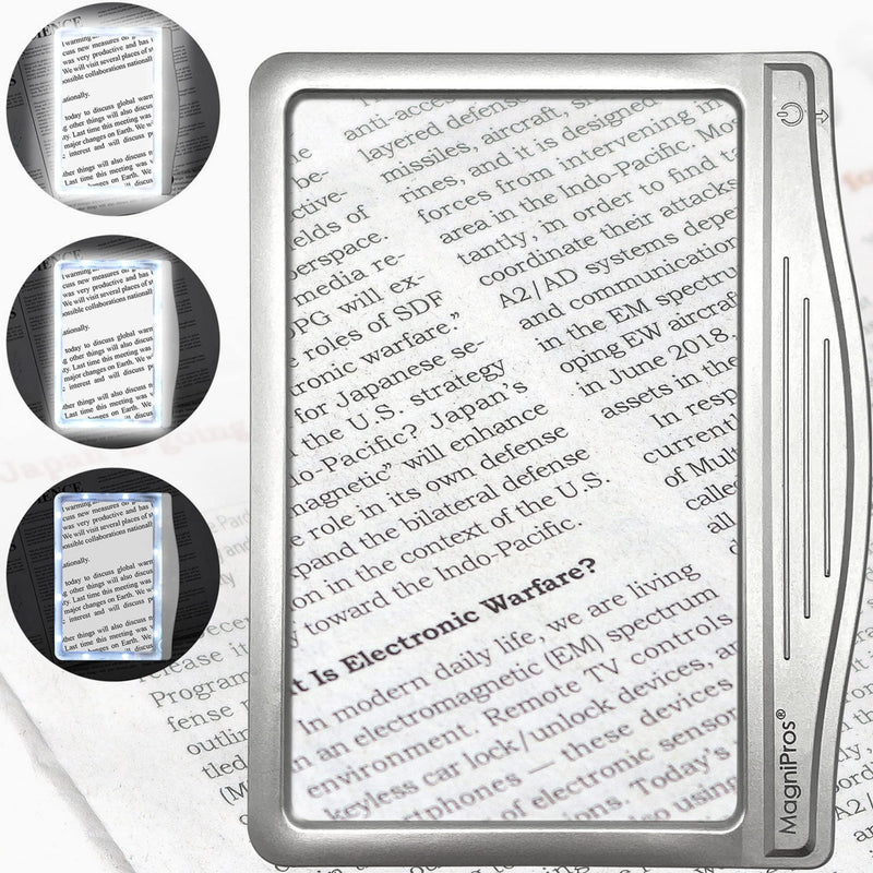 MagniPros 3X Large Ultra Bright LED Page Magnifier with 12 Anti-Glare Dimmable LEDs (Provide More Evenly Lit Viewing Area & Relieve Eye Strain)-Ideal for Reading Small Prints & Low Vision & Aging Eyes Silver - NewNest Australia