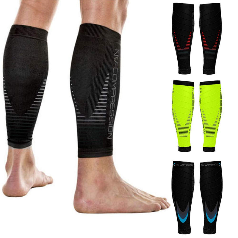 NV Compression Essential Race and Recover Calf Guards/Sleeves (PAIR) 20-30mmHg - For Sports Recovery, Shin Splints, Medical, Work, Flight - Running, Cycling, Gym (Bk/Grey Chevrons, S-M) Black/Grey Solid Chevrons S-M (12-16" / 30-41cm) - NewNest Australia