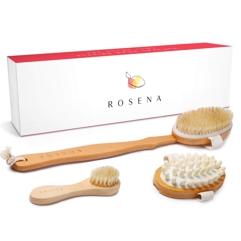 Dry Brushing Body Brush Set - Best for Cellulite, Lymphatic Drainage & Skin Exfoliating - Natural Bristle Spa Kit - Long Handle Back Scrubber, Massager & Face Exfoliator for Radiant Skin - NewNest Australia
