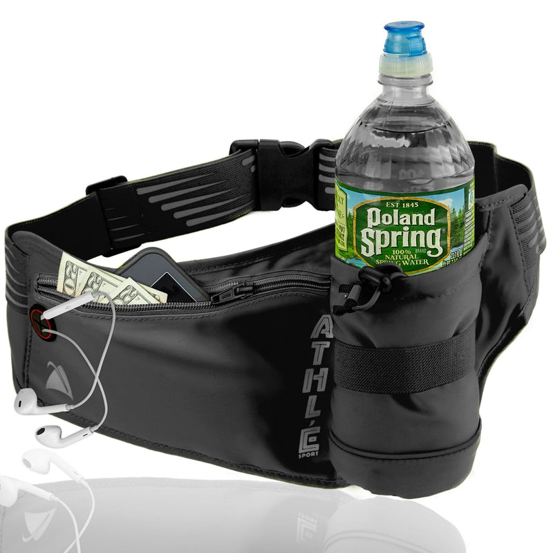 Athle Running Fanny Pack with Water Bottle Holder - Adjustable Run Belt Storage Pouch with Zipper Pocket For Sports and Travel – 360° Reflective Band – Fits iPhone Plus, Galaxy Note Black/Silver - NewNest Australia