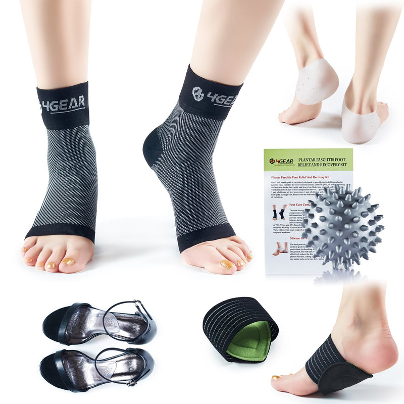 Plantar Fasciitis Relief & Recovery Kit - 9 Pieces - Foot Care Compression Sleeves, Silicone Heel Protectors, Massage Ball, Cushioned Arch Supports & Inserts –Pain Relief & Increase Circulation S/M - NewNest Australia