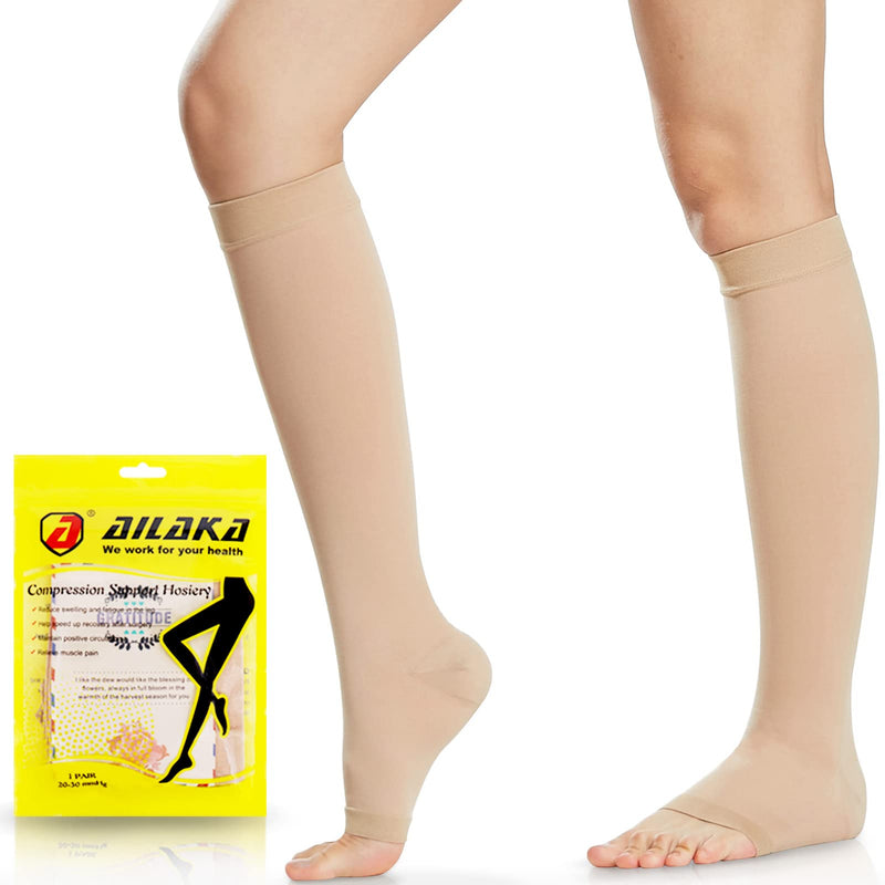 Ailaka 20-30 mmHg Compression Calf Socks for Women & Men, High Open Toe Graduated Support Varicose Veins Knee Stockings Hosiery, Travel, Nurses, Pregnancy, Recovery Beige S - NewNest Australia