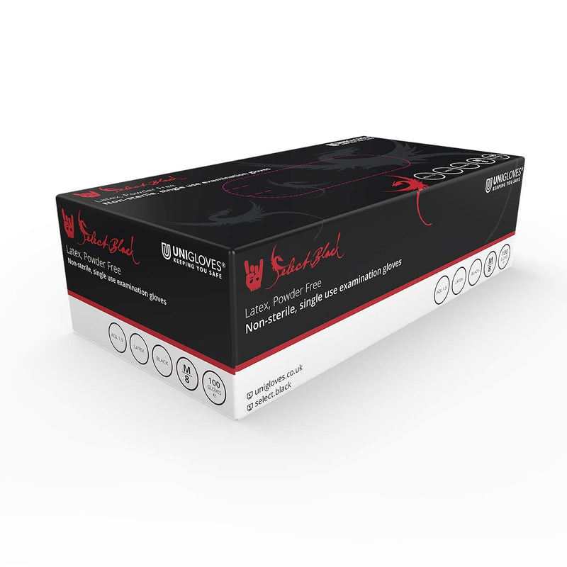 Unigloves Select Black Latex GT0021 Single Use Gloves - Multipurpose, Powder Free Disposable Gloves, Optimised for Tattoo/Piercing and Beauty, Box of 100 Pairs, Black M (Pack of 100) - NewNest Australia