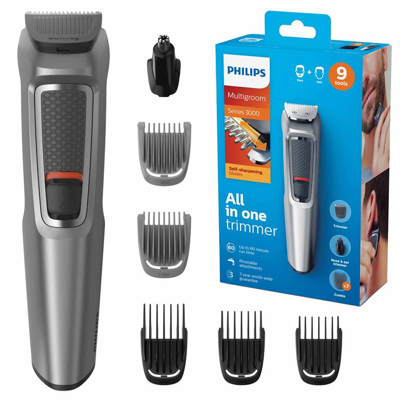 Philips 9-in-1 All-In-One Trimmer, Series 3000 Grooming Kit for Beard & Hair with 9 Attachments, Including Nose Trimmer, Self-Sharpening Blades, UK 3-Pin Plug - MG3722/33 - NewNest Australia