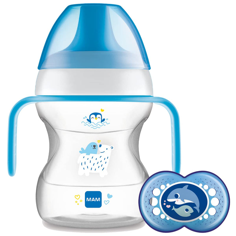 MAM Learn to Drink Cup, Bottle Handles and Soother, 6+ Months Baby Cup with Removable Handles, Baby Feeding Accessories, 190 ml, Blue (Designs May Vary) - NewNest Australia