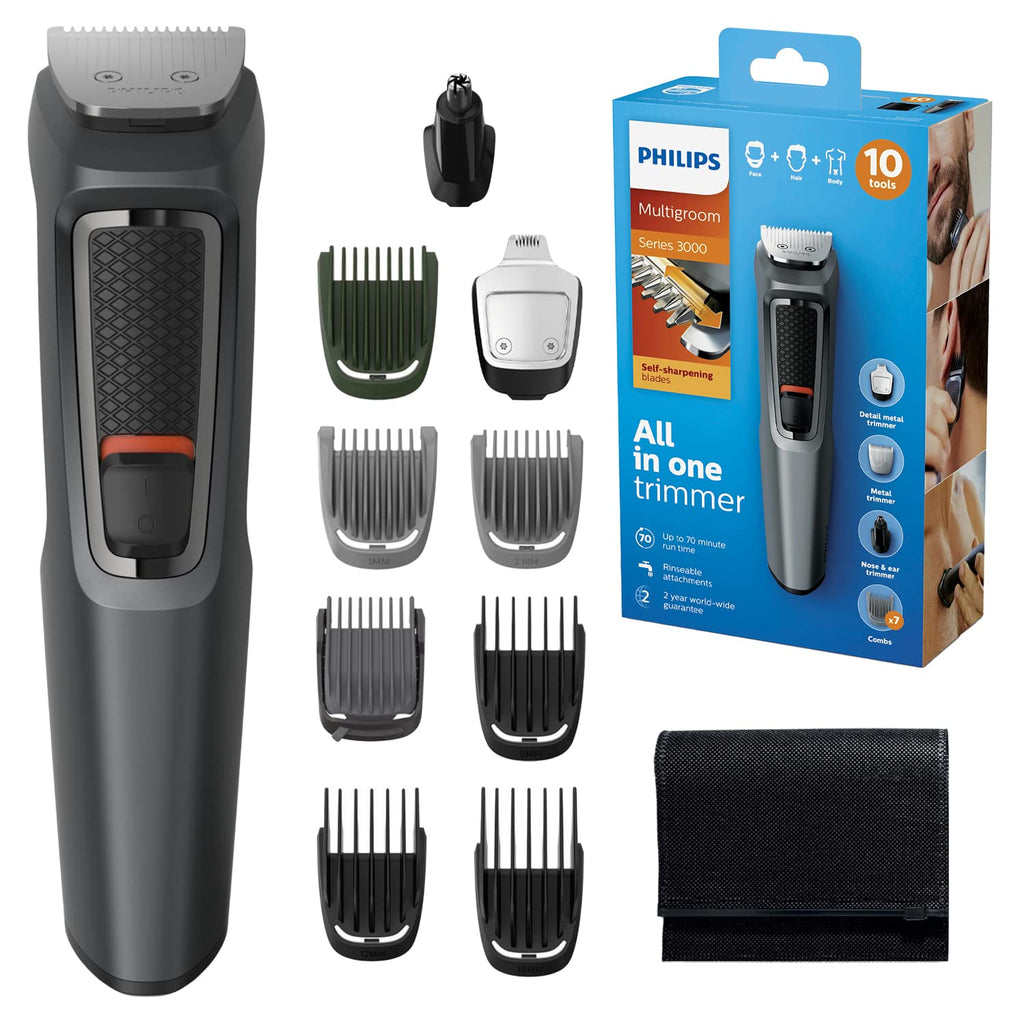 Philips 10-in-1 All-In-One Trimmer, Series 3000 Grooming Kit for Beard, Hair & Body with 10 Attachments, Including Nose Trimmer, Self-Sharpening Metal Blades, UK 3-Pin Plug - MG3747/33 3000 10-in-1 - NewNest Australia