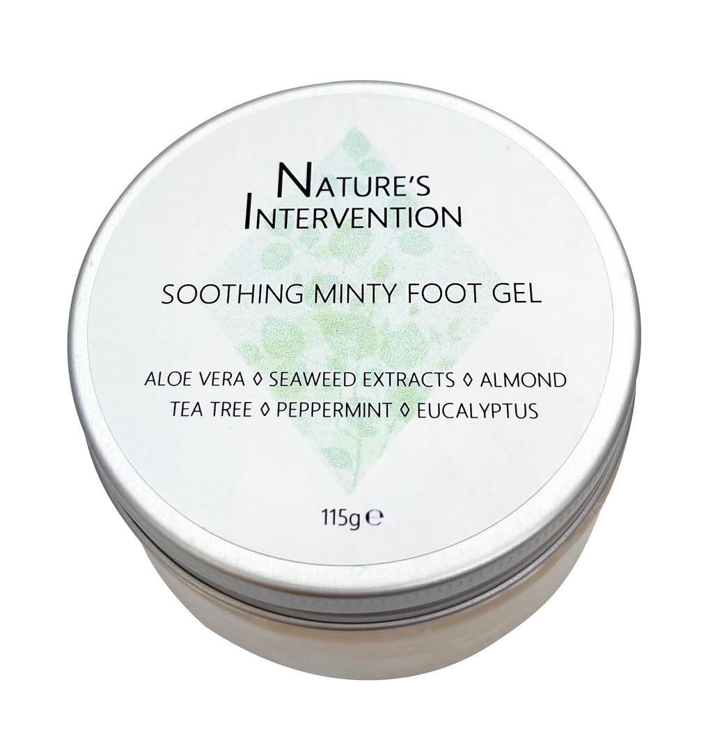 SOOTHING MINTY FOOT GEL - ALOE VERA, MINT, TEA TREE & EUCALYPTUS - 115g by NATURE'S INTERVENTION. Natural Hydrating, Soothing Gel with Botanical Extracts. Non Greasy, Easy to Apply. pH 5.5 Neutral. - NewNest Australia