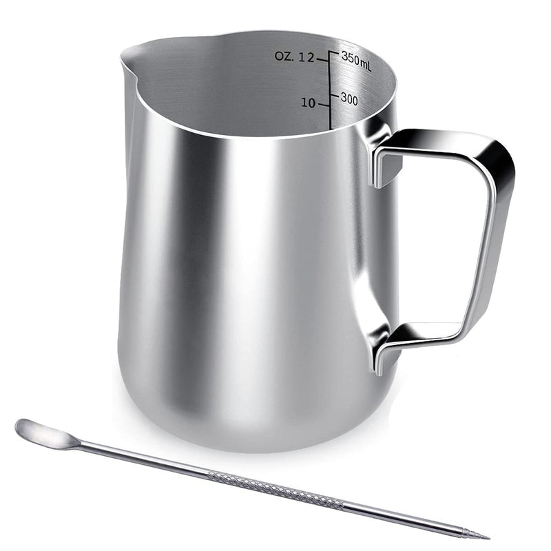 Stainless Steel Milk Jug, 350ML Handheld Coffee Creamer Milk Frothing Pitcher Jug Cup with Measurement Mark and Latte Art Pen, Milk Pitcher Jugs Perfect for Barista Cappuccino Espresso Making - NewNest Australia