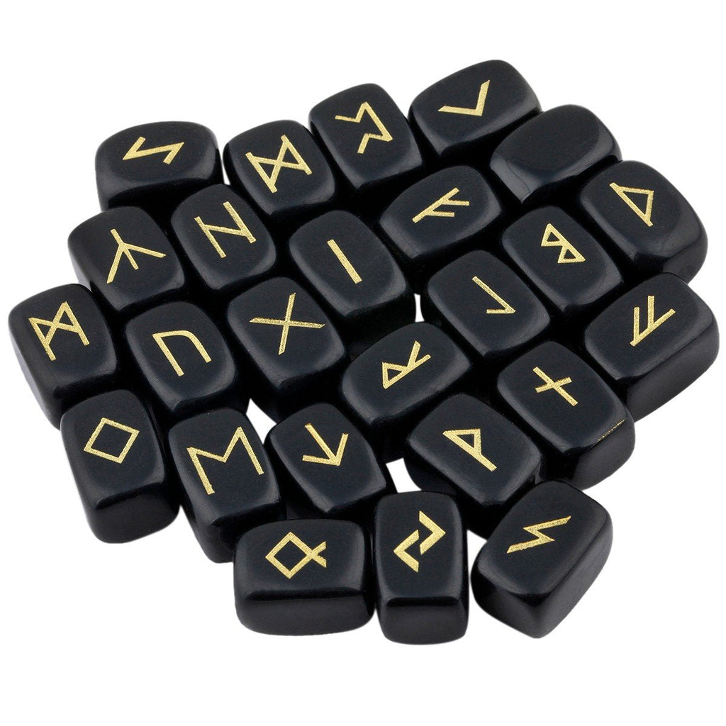 mookaitedecor Black Obsidian Runes Stones Set (25 Pieces), Tumbled Gemstone with Carved Rune Words for Fortune Telling, Crystal Healing Reiki #01-black Obsidian - NewNest Australia