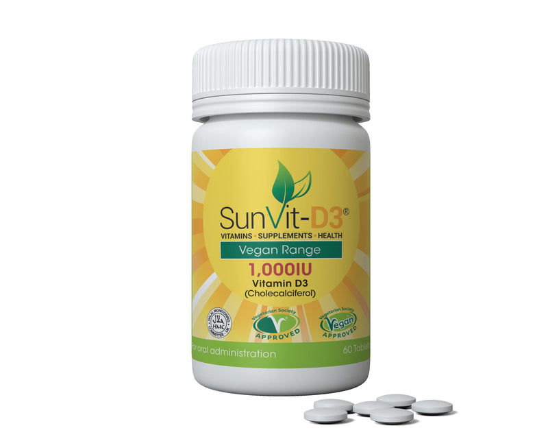 SunVit-D3 Vegan Vitamin D3 1,000iu Tablets x 60s - One a Day Cholecalciferol VIT D3 - Made in The UK by SunVit-D3® - 2 Months’ Supply - Approved Vegan- Plant Based Vitamin D Tablets – Child Friendly - NewNest Australia