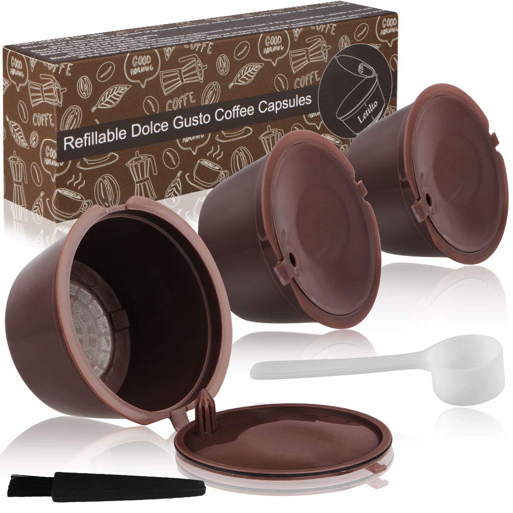 Dolce Gusto Coffee Reusable Refillable Pods 3 pcs, Dolce Gusto Machines Coffee Pod Compatible Filter Cups BPA Free Coffee Pods for Dolce Gusto with 1 Plastic Spoon and 1 Cleaning Brush 3 Brown - NewNest Australia