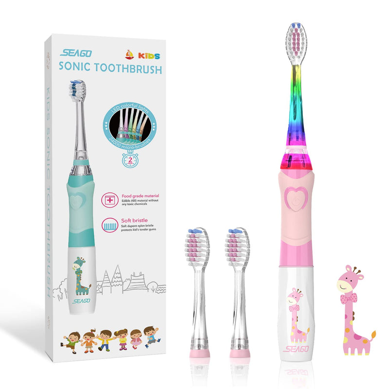 Seago Kids Electric Toothbrush, Sonic Rechargeable Children Power Toothbrushes Toddler Electric Toothbrush with 3 Dupont Brush Heads, Rainbow LED Light for Junior Boys and Girls Ages 3+ (Pink) Pink - NewNest Australia