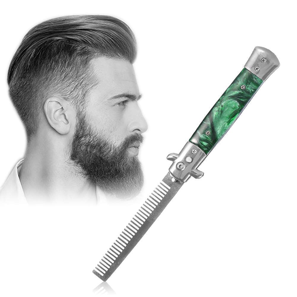 Switchblade Pocket Comb, Foldable Push Button Automatic Stainless Steel Hair Trimmer Combs for Beard Mustache, Men Oil Hair Styling Accessories(GREEN MIST) GREEN MIST - NewNest Australia