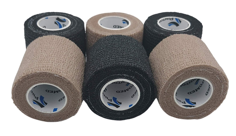 PintoMed - 3 BEIGE + 3 BLACK Cohesive Bandage Stretched 6 Rolls x 5cm x 4.5m Self-adhesive Flexible Bandages, Professional Quality, First Aid Sports Wrap Bandages - Pack of 6 - NewNest Australia