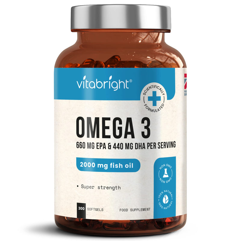Omega 3 Pure Fish Oil 2000mg - 300 Softgel Capsules (5 Months Supply) - 660mg EPA & 440mg DHA per Serving - Supports Brain, Heart Function and Eye Health - Made in The UK by VitaBright - NewNest Australia