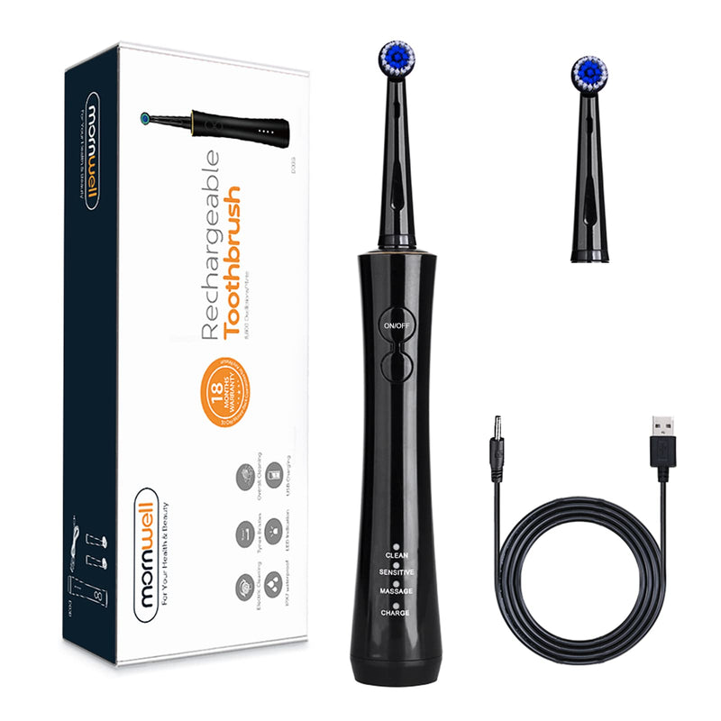 Mornwell Rotatry Electric Toothbrushes, Sonic Toothbrush with Rechargeable 4 Hours Charge Minimum 15 Days Use 3 Optional Modes 2 Replacement Heads Black for Adults & Kids (Over 8 Years Old) - NewNest Australia