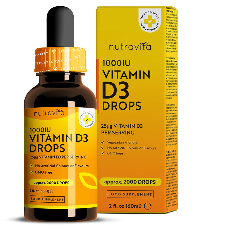 Vitamin D3 Drops 60ml (2000 Drops) – Vitamin D 1000IU per Drop – Flexible Dose of Liquid Vitamin D Supplement – Supports Normal Bones, Immune System & Calcium Absorption - Made in The UK by Nutravita - NewNest Australia