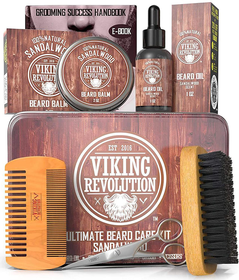 Viking Revolution Beard Grooming Kit for Men - Ultimate Beard Kit - Boar Beard Brush, Wood Beard Comb, Sandalwood Beard Balm, Sandalwood Beard Oil, Beard & Mustache Scissors - NewNest Australia