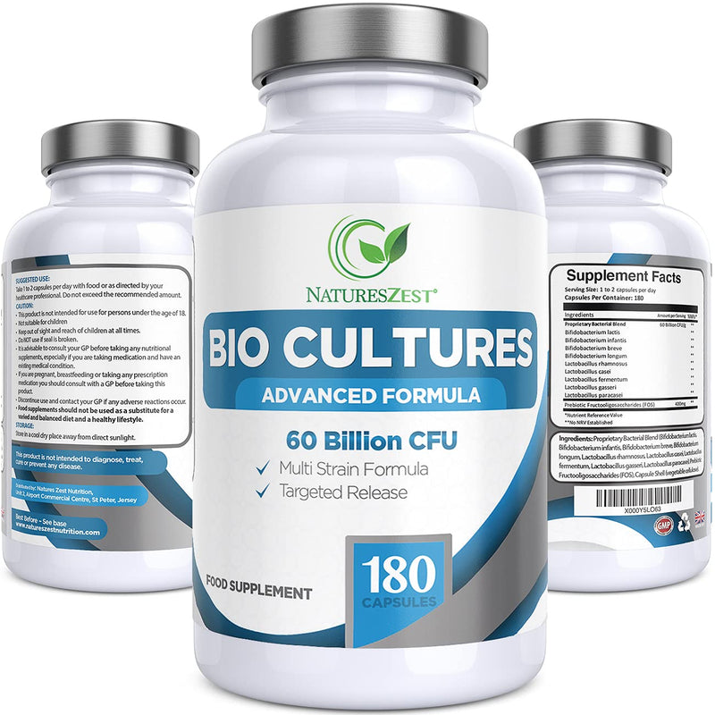 Bio Cultures Complex Probiotics 60 Billion CFU with Prebiotics – 180 Vegan Capsules - Lactobacillus Rhamnosus & Lactobacillus Gasseri – 6 Month Supply - Probiotics for Women & Men - by Natures Zest - NewNest Australia
